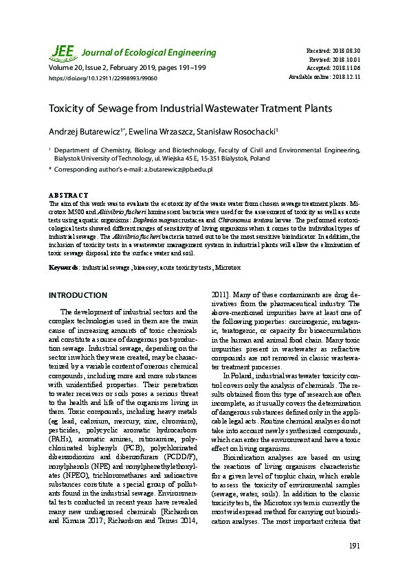 Toxicity of Sewage from Industrial Wastewater Treatment Plants