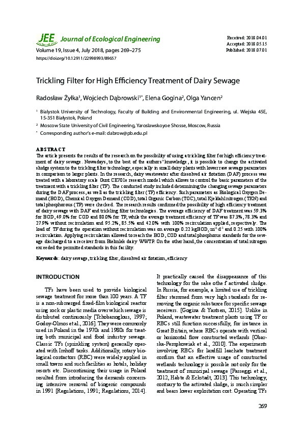 Trickling Filter for High Efficiency Treatment of Dairy Sewage